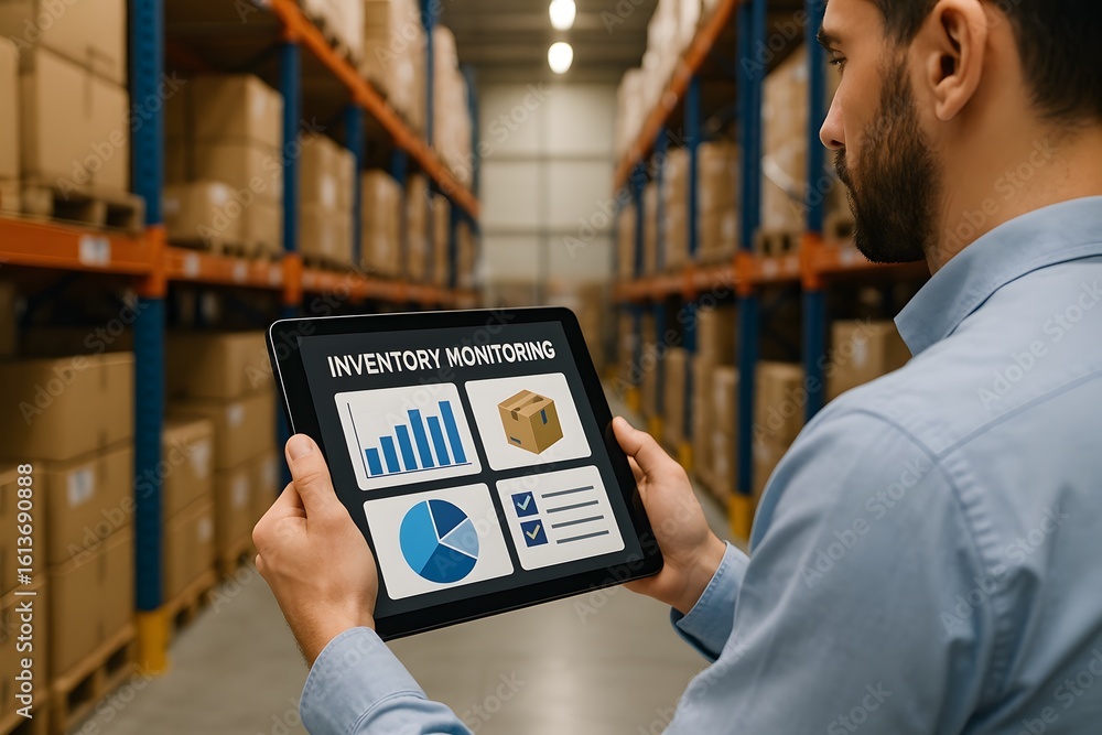 Poster warehouse worker monitoring inventory on a tablet. he is surrounded by shelves stacked with boxes