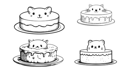 A collection of cute cat cakes in a kawaii style isolated on transparent background, perfect for a sweet treat illustration