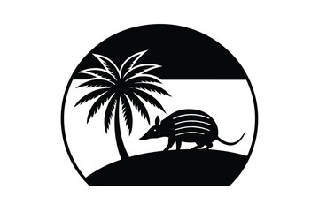 Sunset Scene with Palm Tree and Armadillo Silhouette Walking Design