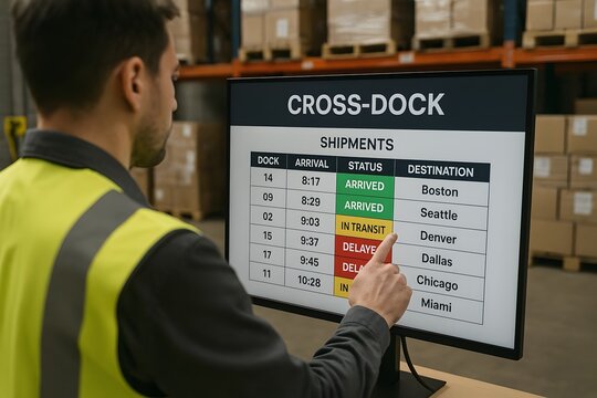 A worker is reviewing the cross-dock shipments display. The monitor shows the status, destinations and arrival times of the shipped goods.