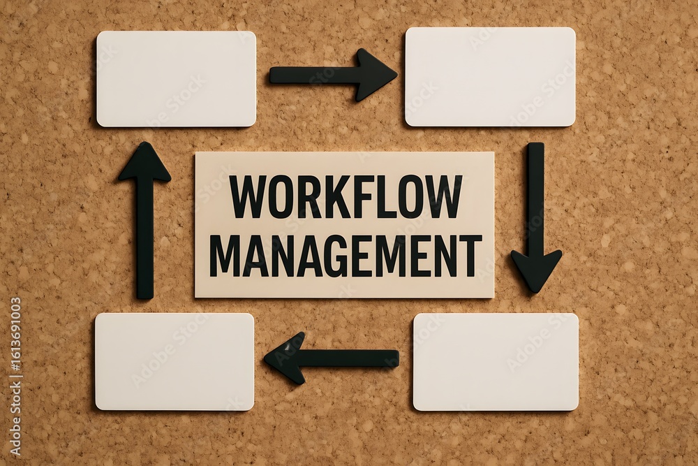 Poster workflow management graphic with blank boxes, a central rectangle, and arrows illustrating the proce