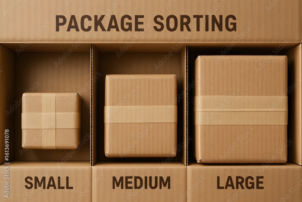 Aufkleber package sorting with small, medium, and large boxes, representing efficient shipping logistics. the 