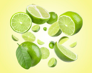 Fresh limes swirling in air against beige background