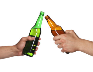 Fototapeta na wymiar Men clinking their bottles of beer together against white background