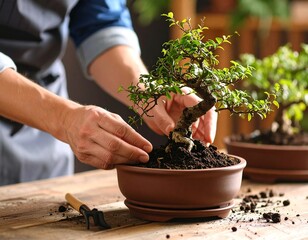 Hands Repotting a Bonsai Tree Indoors – Mindful Plant Care Ritual