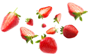 Yummy fresh strawberries swirling in air against white background