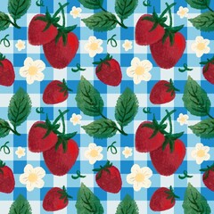 Red Strawberry on Blue Plaid