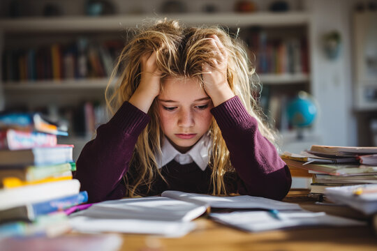 Exhausted schoolgirl overwhelmed with homework