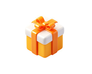 Illustration of a festive orange and white gift box with a ribbon isolated on transparent background