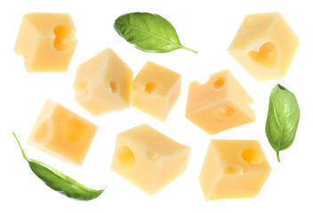 Cheese cubes and green basil leaves isolated on white, set