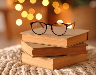 Stack of Books with Reading Glasses – Vintage Academic or Quiet Reading Moment