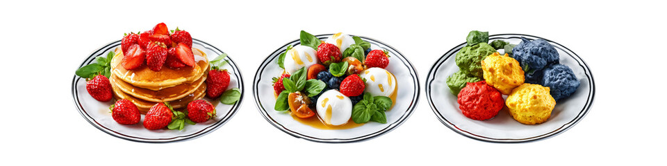 A delightful trio of pancakes with strawberries, caprese salad, and colorful fruit balls, isolated on transparent background