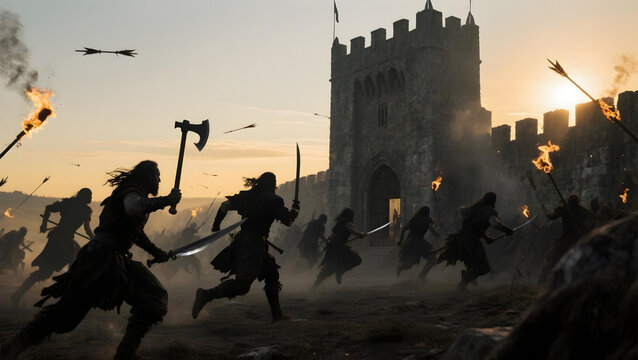 Barbarian warriors advancing to attack a castle in battle.