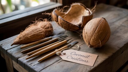handmade coconut products Handcrafted coconut art tools displayed on a rustic wooden table with a label reading "Coconut Creations.