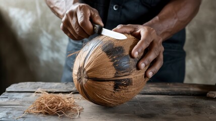 handmade coconut products Hands skillfully peeling a coconut with a knife on a wooden surface.