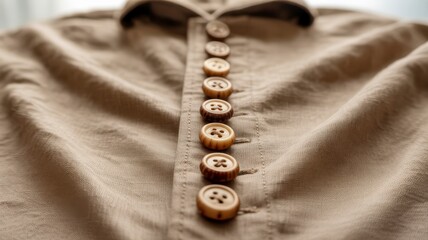 handmade coconut products Close-up of a shirt with wooden buttons, showcasing textured fabric and elegant design.