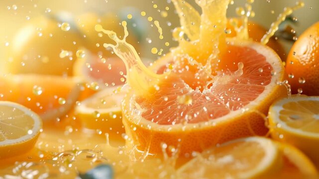 Closeup macro animation of an orange fruit floation with orange juice splash