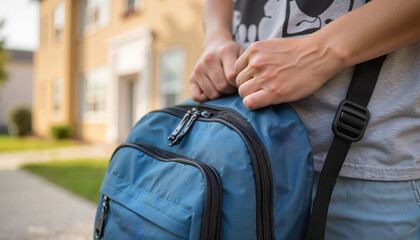 Young person holding blue backpack while standing outside a house  