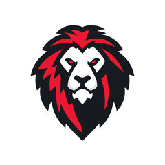 Illustration of aggressive lion head logo with red and black mane isolated on transparent background