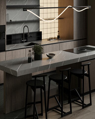 Elegant kitchen with gray marble countertops, modern black stools, and minimalist lighting, featuring wood paneling and sleek design for a luxurious look.