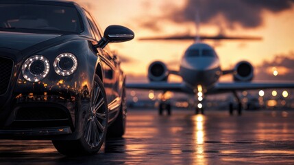 Luxury black car parked on tarmac at sunset, with a private jet in the background, showcasing elegance and sophistication in a high-end travel environment