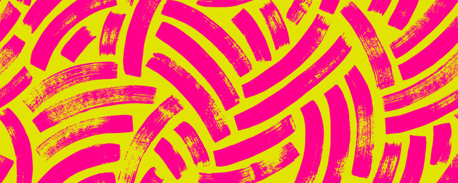 Bright colored weave seamless pattern with curved bold brush strokes. Neon yellow and pink abstract geometry.