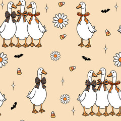 Cute geese with Halloween seamless pattern for background  © Midmueang