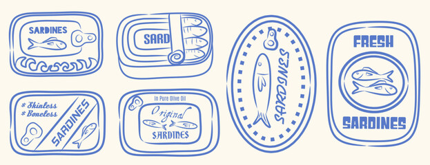 Set of Sea food artwork. Canned fish artwork. Sardines fish artwork for t shirt print, poster, sticker and other uses. Italian la dolce vita background. Mediterranean food outline vector illustration.