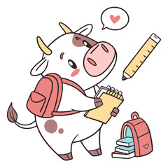 Chalkboard Fun colored Cow with a Content touch, placed in a Back to school theme and styled with holding a heart