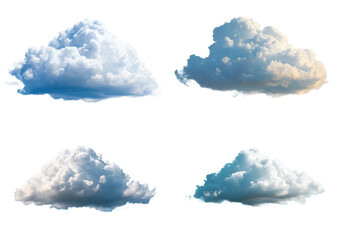 Four fluffy white clouds of different shapes are isolated on a transparent background