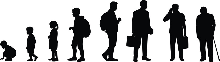 Human life stages silhouette, boy to old man, childhood to elderly, age evolution timeline, people growth concept, aging process vector illustration