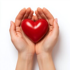 Female hands holding red heart as a concept of love, support and care isolated on white 