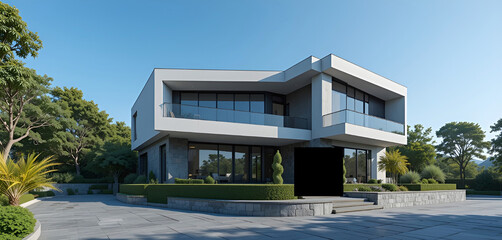 Fototapeta premium Modern luxury residence with geometric architecture and lush landscaping