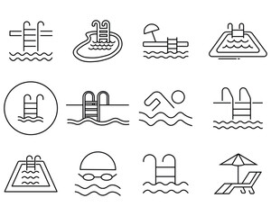 Swimming pool icon vector set. Contains such icons as swimming pool, swimmer, dive, shower, diving, lifestyle and more. Dive icon collection. Simple vector illustration.