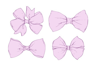 Set of pink textile tie bows coquette from satin and silk ribbons. Illustration hand drawn with ink in line art style graphics. For women, girls, holidays, decoration, accessories and gifts.