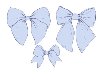 Set of wide blue textile bows coquette from satin and silk ribbons. Illustration hand-drawn with ink in line art style graphics. For women, men, boys and girls holidays decoration, accessories, gifts.