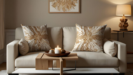 Cozy Living Room: A meticulously designed living room setting, with a comfortable sofa adorned with pillows, a wooden side table, and ambient lighting, creating a space of warmth and serenity.