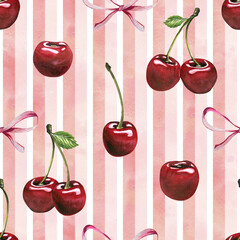 Seamless pattern hand-painted watercolor illustration with red cherries and pink bows on soft pink vertical stripes. Clean and cheerful design suitable for packaging and textiles.