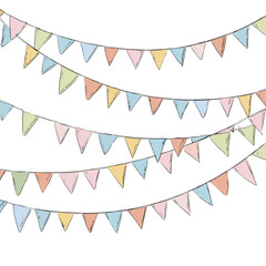 Illustration of multiple strings of pastel triangle flags hanging isolated on transparent background