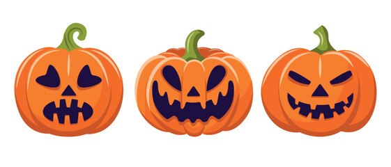 Three pumpkins with different facial expressions. Vector illustration for Halloween greeting cards and social media posts.