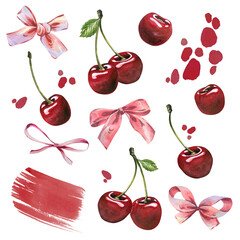 Hand-painted watercolor illustration set of cherries, bows, brush stroke, and berry splashes. A charming artistic collection for creative digital and print projects.