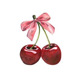 Hand-painted watercolor illustration of two bright red cherries tied with vivid pink bow. Sweet and joyful element perfect for stickers, packaging, or cards.