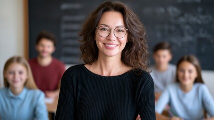 Obraz premium A confident female teacher stands smiling in front of her students in a classroom with a chalkboard background.