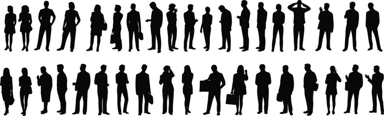 Business people silhouette set, office team vector, corporate professionals standing, group workers black illustration, business attire pose, modern workplace clipart, diversity concept