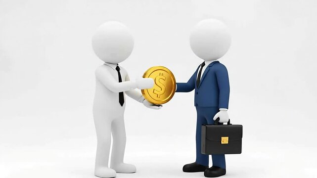 Two stick figures exchanging a gold coin, symbolizing transaction concept