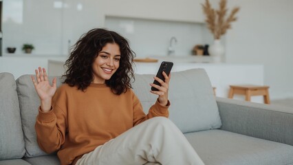 Cheerful woman enjoying a video call on her smartphone while relaxing on the sofa at home