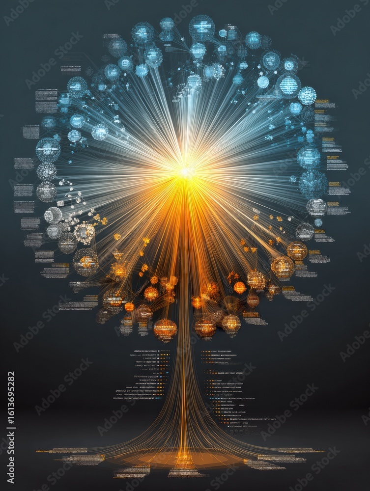 Poster infographic visualization of stem disciplines branching from a glowing hub in a colorful and artisti
