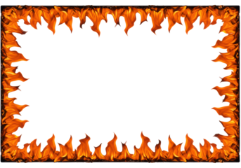 Dynamic orange and yellow flames with sharp contours forming a clean, distinct border around a transparent copy space, isolated on a bright white background, shadowless studio photo lighting, high