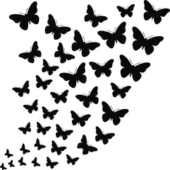 Butterfly silhouette swarm vector, flying butterflies pattern, insect silhouettes in motion, black wings illustration, decorative butterfly clipart, elegant swarm design, nature theme