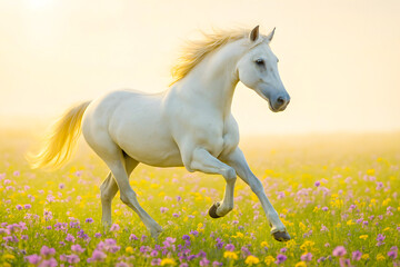 Obraz premium Graceful White Horse Galloping Freely Through a Lush Wildflower Meadow at Sunrise – High-Resolution Photo Capturing Motion, Serenity, and Natural Beauty in a Golden Misty Field with Blooming Flowers